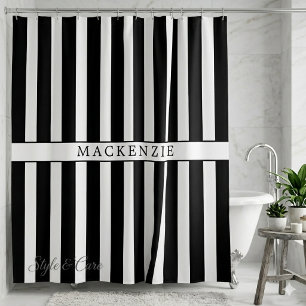 Rideaux De Douche Nom personnalisé rayé vertical noir et blanc