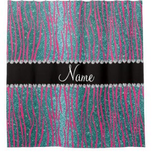 Rideaux De Douche Nom rose zèbre rayures turquoise parties scintilla
