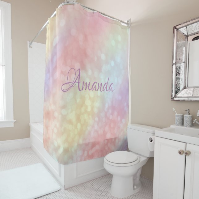 Rideaux De Douche Nom Sparkly Monogram Rose Rose Blush Unicorn (En situation)