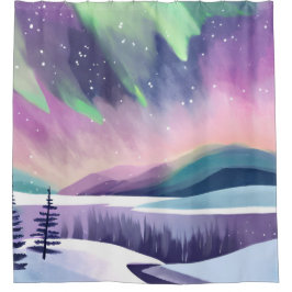 Rideaux De Douche Northern Lights Colorful Winter Night Watercolor