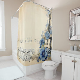 Rideaux De Douche Notes de musique de guitare bleue Fleurs