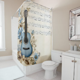 Rideaux De Douche Notes de musique de guitare bleue Fleurs