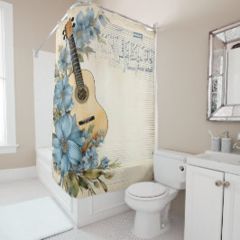Rideaux De Douche Notes de musique de guitare bleue Fleurs