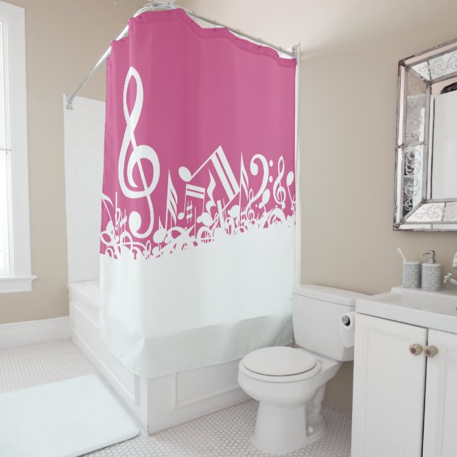 Rideaux De Douche Notes musicales brouillées Hot rose et blanc (En situation)