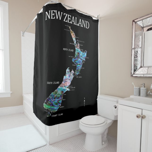 RIDEAUX DE DOUCHE NOUVELLE-ZÉLANDE KIWI CARTE PAUA (En situation)