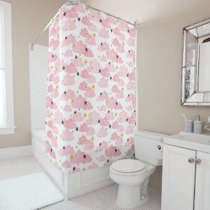 Rideaux De Douche Nuages roses aquarelle et étoiles dorées pour fill