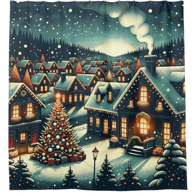 Rideaux De Douche "Nuit du village de Noël enneigé" (Devant)