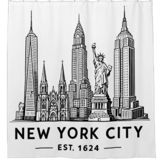 Rideaux De Douche NYC Skyline Illustration with Statue of Liberty