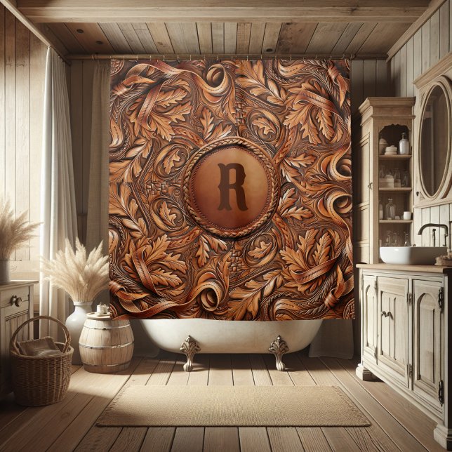 Rideaux De Douche Occidental Outils en cuir Impression personnalisée (Western Tooled Leather Collection 
Custom Initial Shower Curtain)