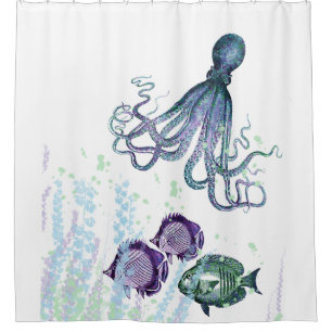 Rideaux De Douche Océan Octopus Indigo Blue Mauve Green Sous-marin