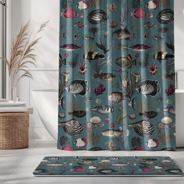 Rideaux De Douche Oceania Fuchsia Grey Fishes on Blue Background (Créateur téléchargé)