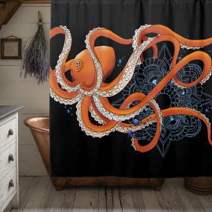 Rideaux De Douche Octopus Orange Mandala bleu