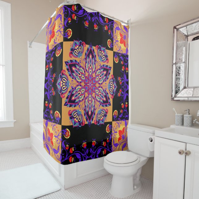 Rideaux De Douche Oeuvre graphique violette et noire, Violet Nature (En situation)