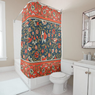 Rideaux De Douche Oiseau et fleurs Perse Motif bleu rouge