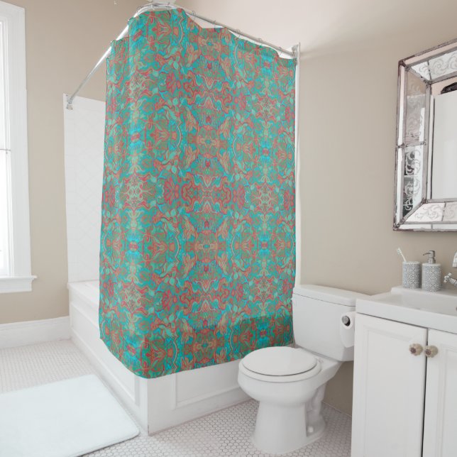 Rideaux De Douche Oiseaux Arabesque Bohème Bohème Turquoise Rouge Ve (En situation)