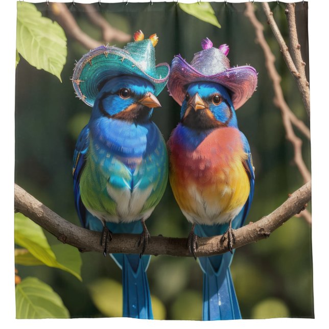 Rideaux De Douche Oiseaux bleus avec Casquettes de cowboy étincelant (Devant)