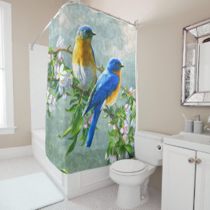 Rideaux De Douche Oiseaux bleus jaunes Cerisier Fleur Arbre Peinture