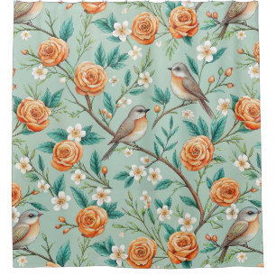 Rideaux De Douche Oiseaux chanteurs vibrants Fleurs oranges Feuilles