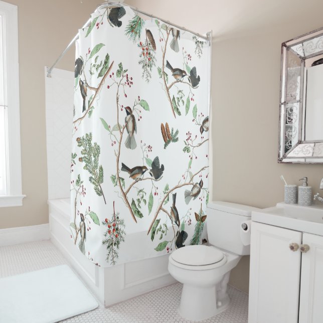 Rideaux De Douche Oiseaux de poulet Baies et Pinecones Aquarelle (En situation)