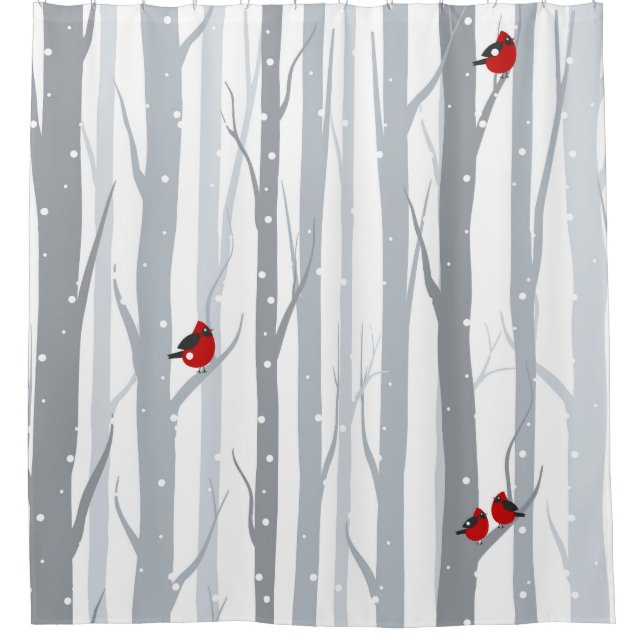 Rideaux De Douche Oiseaux d'hiver : Arbres gris, Oiseaux rouges (Devant)