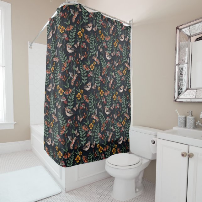 Rideaux De Douche Oiseaux du jardin foncé et papillons (En situation)