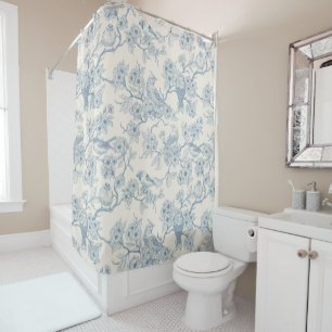 Rideaux De Douche Oiseaux et fleurs de cerisier en bleu et blanc cas