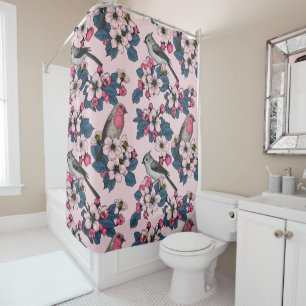 Rideaux De Douche Oiseaux et fleurs roses