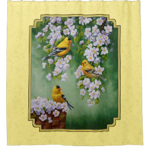 Rideaux De Douche Oiseaux Goldfinch et fleurs de pomme Jaune