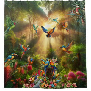 Rideaux De Douche Oiseaux tropicaux colorés parmi un Plante vif et l