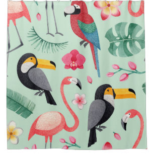 Rideaux De Douche Oiseaux tropicaux, fleurs, motif d'aquarelle.