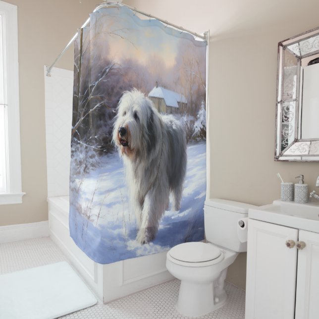 Rideaux De Douche Old English Sheepdog Laisser neiger Noël (En situation)