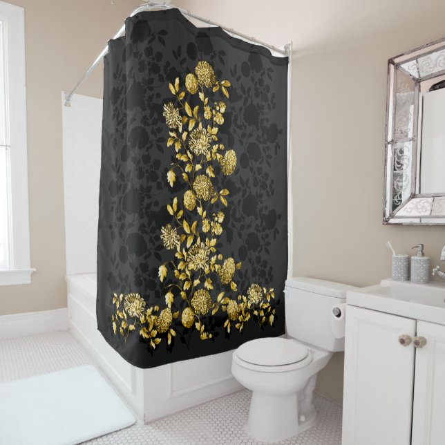 Rideaux De Douche Or gris noir Toile floral (En situation)