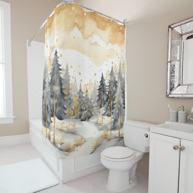 Rideaux De Douche Or lunaire et gris hiver dans les bois (En situation)