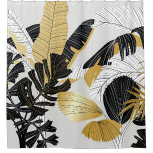 Rideaux De Douche Or, plantes tropicaux noirs : luxe.
