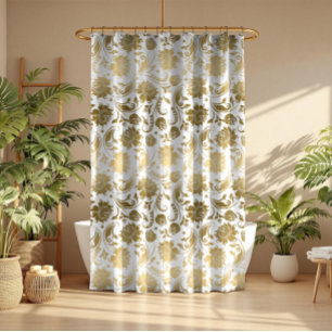 Rideaux De Douche Or sur blanc Vintage Floral Damas Motif