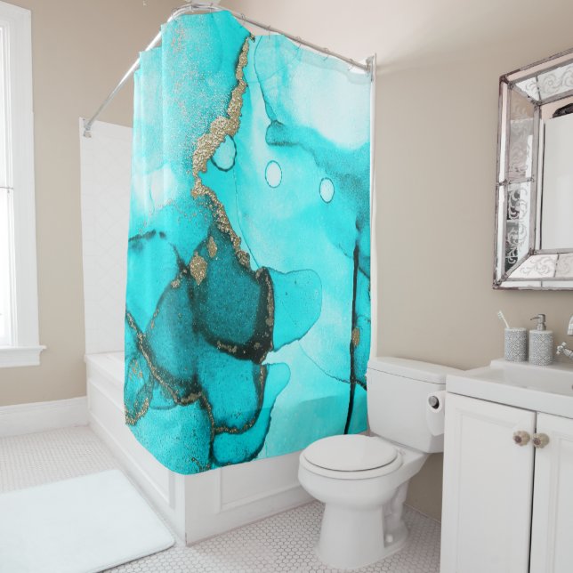Rideaux De Douche Or Turquoise Abstrait contemporain (En situation)