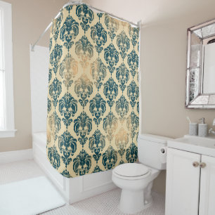 Rideaux De Douche Or & Vintage Bleu Rustique Moderne Glamour Damassé