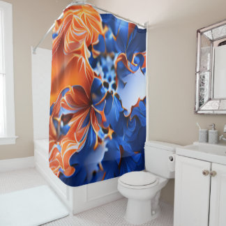 Rideaux De Douche Orange and Blue Floral Fractal