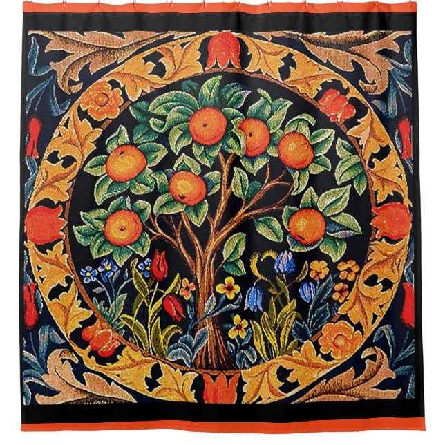 RIDEAUX DE DOUCHE ORANGE ARBRE AVEC FEUILLES VERTS, FLEURS (Devant)