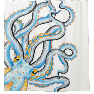 Rideaux De Douche Orange bleu octopus funky