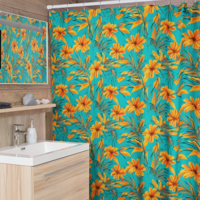 Rideaux De Douche Orange Floral Motif Tropical Turquoise (Créateur téléchargé)