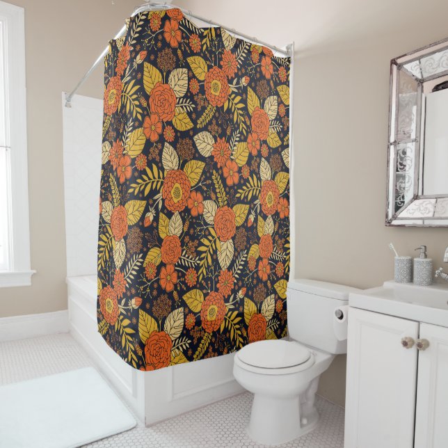 Rideaux De Douche Orange rétro, Jaune & Marine Floral  (En situation)