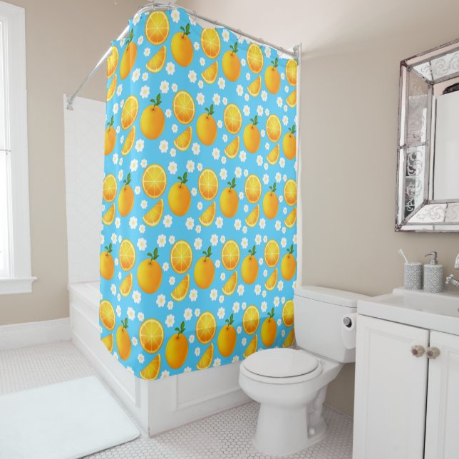 Rideaux De Douche Oranges mignonnes et fleurs blanches (En situation)