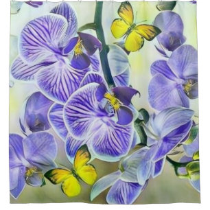 Rideaux De Douche Orchidée jaune violet fleurs papillon aquarelle