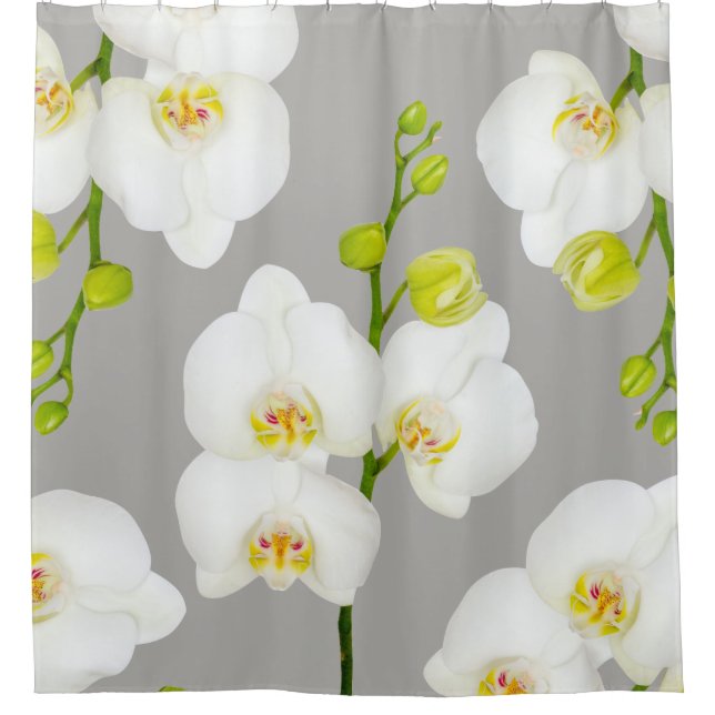Rideaux De Douche Orchidées blanches élégantes et gris clair (Devant)