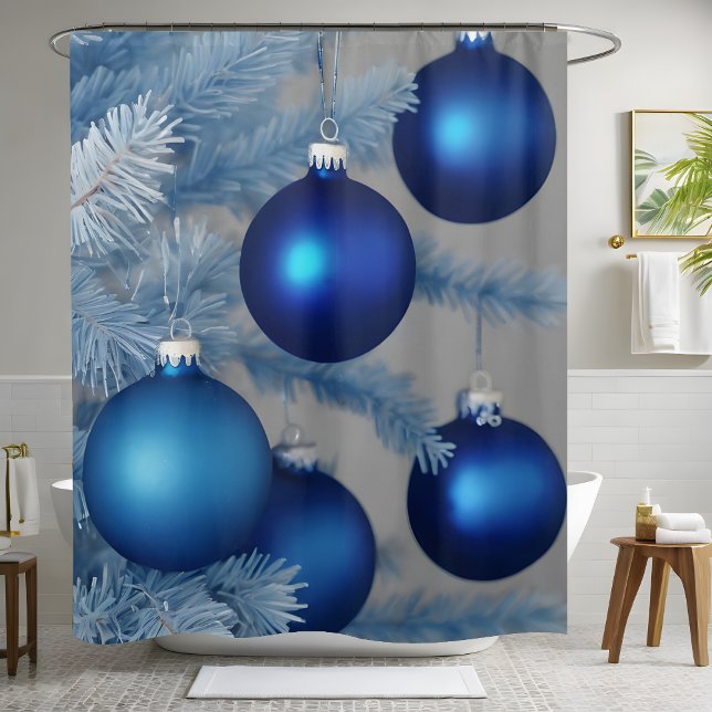Rideaux De Douche Ornements bleus grenus Arbre blanc Noël (Créateur téléchargé)