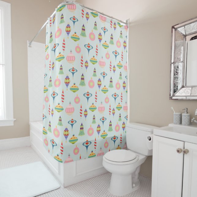 Rideaux De Douche Ornements de Noël rétro | Mid Century Moderne (En situation)