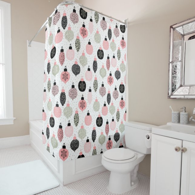 Rideaux De Douche Ornements de Noël rose et vert blanc Arrière - pla (En situation)