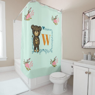 Rideaux De Douche Ours Brown mignon tenant un Monogramme de Fleur Ja