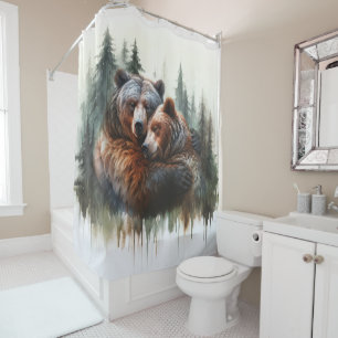 Rideaux De Douche Ours et arbres à l'aquarelle Rustique sauvage